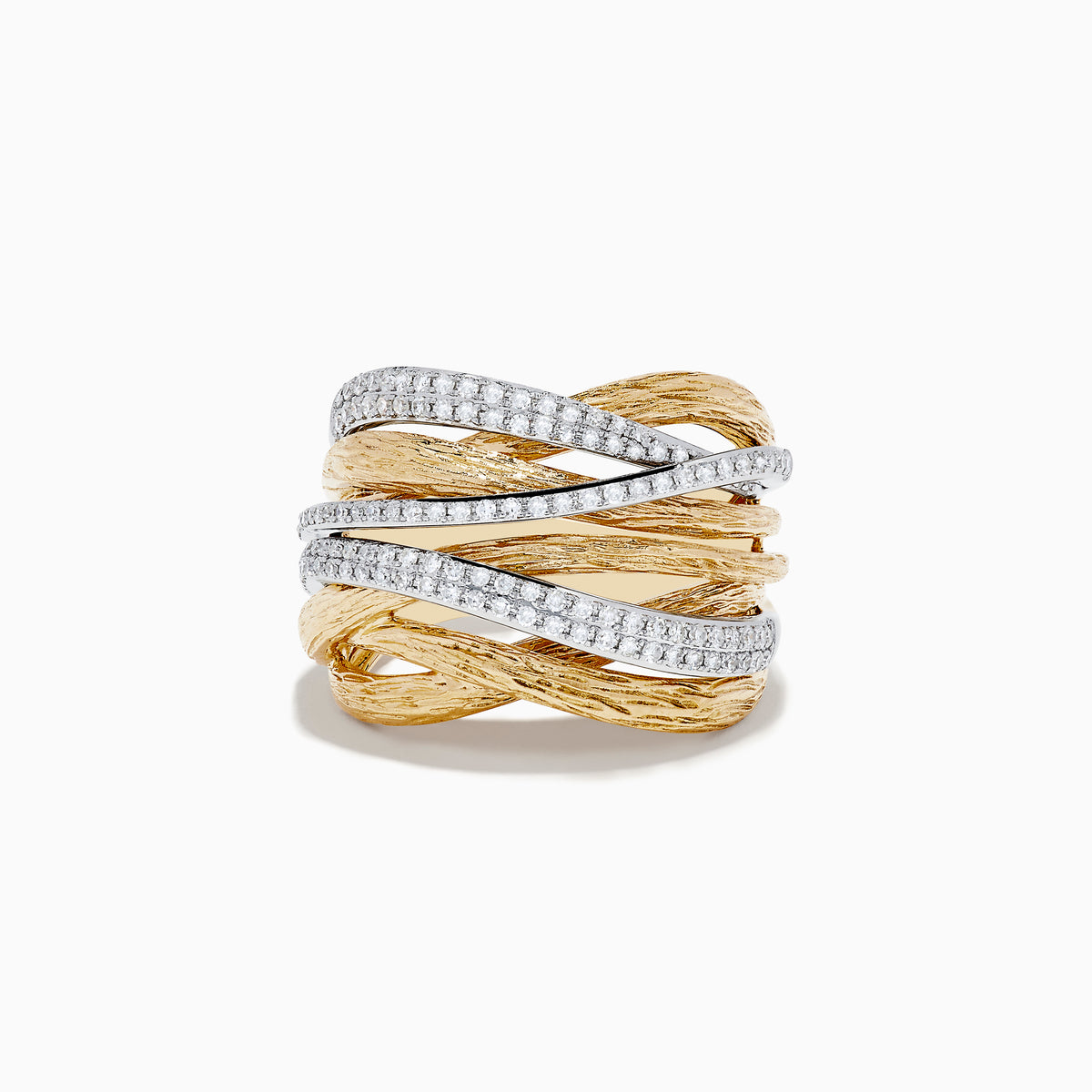 The Duo 14K Two-Tone Textured Gold Pave Diamond Crossover Ring showcases wide, crisscrossing textured gold bands and sparkling pave diamond accents set in white metal for a striking look.