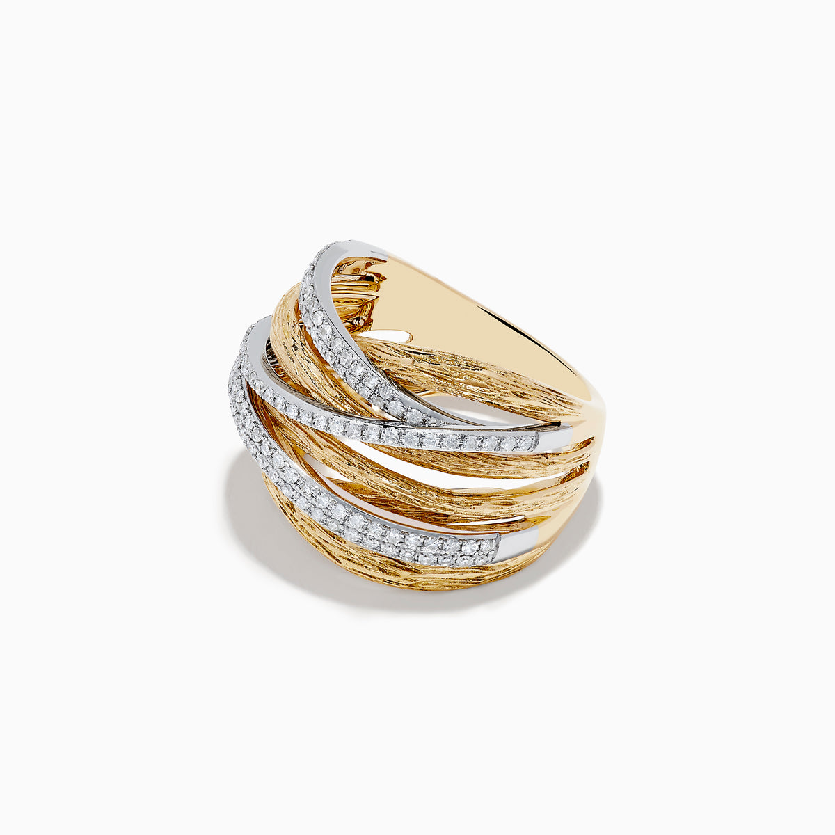 The Duo 14K Two-Tone Textured Gold Pave Diamond Crossover Ring showcases wide, crisscrossing textured gold bands and sparkling pave diamond accents set in white metal for a striking look.
