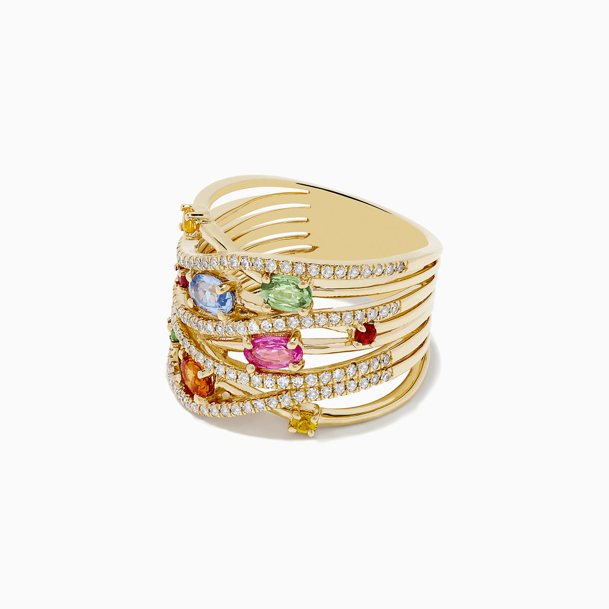 The Watercolors 14K Yellow Gold Multi Sapphire and Diamond Ring showcases intertwining bands set with dazzling diamonds and an array of colorful sapphires in green, pink, blue, yellow, orange, and red.