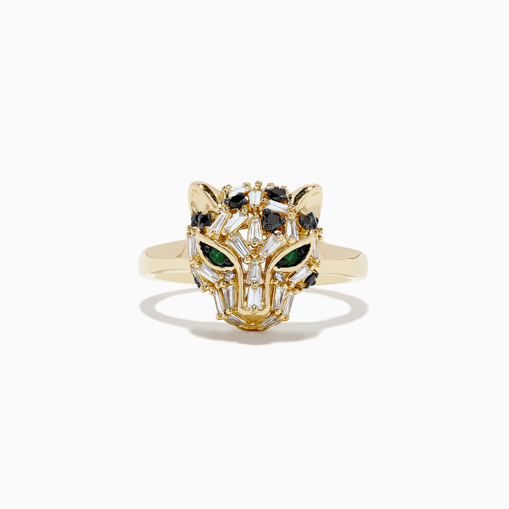 The Signature 14K Yellow Gold Diamond and Emerald Panther Ring features a detailed panther head with diamond, emerald, and black gemstone accents for its eyes and features, set against a plain white background.
