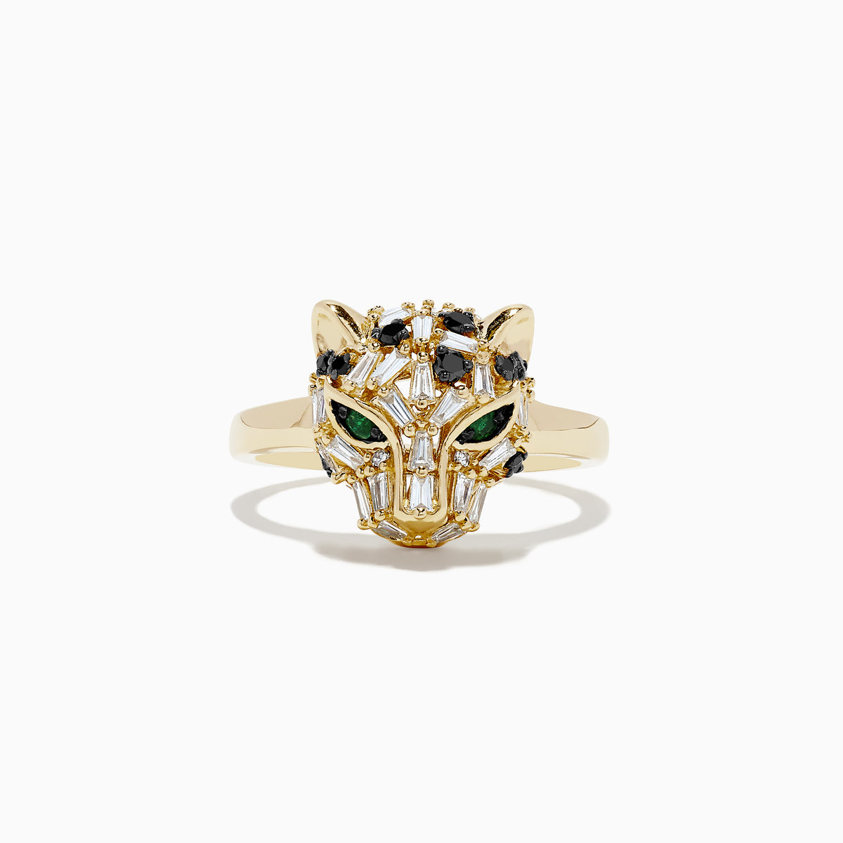 The Signature 14K Yellow Gold Diamond and Emerald Panther Ring features a detailed panther head with diamond, emerald, and black gemstone accents for its eyes and features, set against a plain white background.