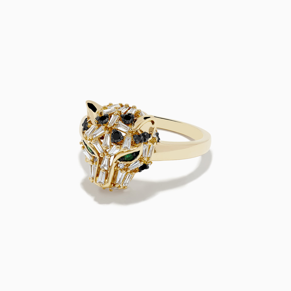 The Signature 14K Yellow Gold Diamond and Emerald Panther Ring features a detailed panther head with diamond, emerald, and black gemstone accents for its eyes and features, set against a plain white background.