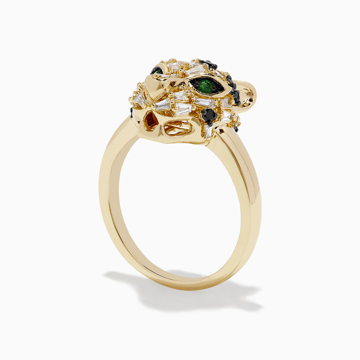 The Signature 14K Yellow Gold Diamond and Emerald Panther Ring features a detailed panther head with diamond, emerald, and black gemstone accents for its eyes and features, set against a plain white background.