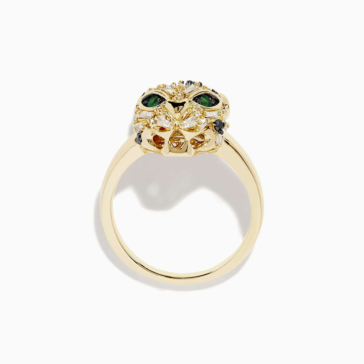 The Signature 14K Yellow Gold Diamond and Emerald Panther Ring features a detailed panther head with diamond, emerald, and black gemstone accents for its eyes and features, set against a plain white background.