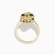 The Signature 14K Yellow Gold Diamond and Emerald Panther Ring features a detailed panther head with diamond, emerald, and black gemstone accents for its eyes and features, set against a plain white background.