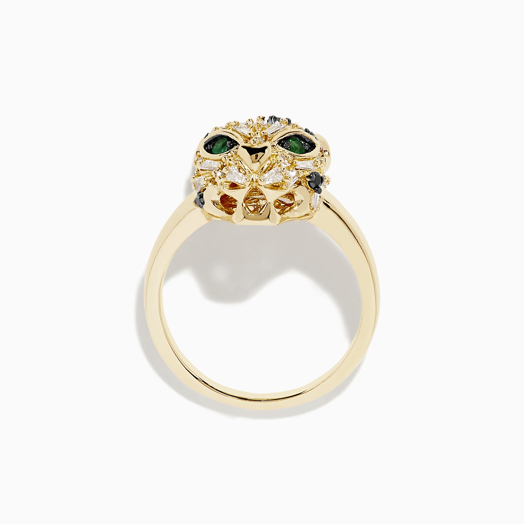 The Signature 14K Yellow Gold Diamond and Emerald Panther Ring features a detailed panther head with diamond, emerald, and black gemstone accents for its eyes and features, set against a plain white background.