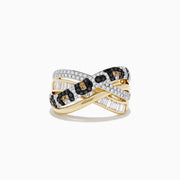 The Signature 14K Yellow Gold Diamond Spot Crossover Ring features yellow gold bands with a leopard print of white, black, and brown diamonds in crossover style, accented by baguette and round-cut stones for added sparkle.