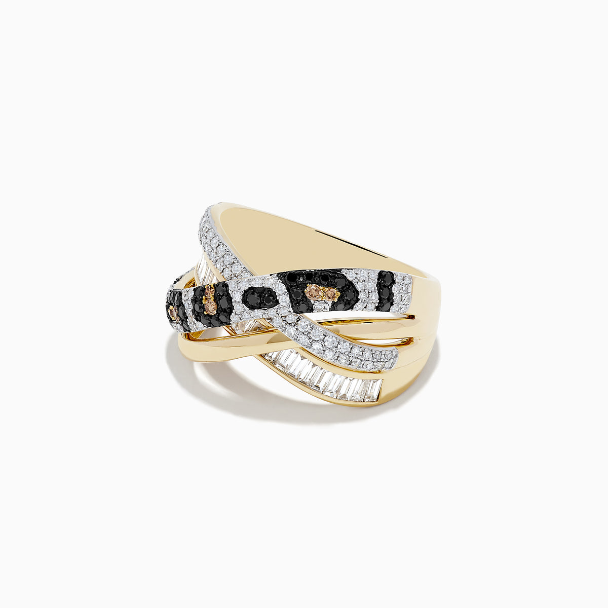 The Signature 14K Yellow Gold Diamond Spot Crossover Ring features yellow gold bands with a leopard print of white, black, and brown diamonds in crossover style, accented by baguette and round-cut stones for added sparkle.