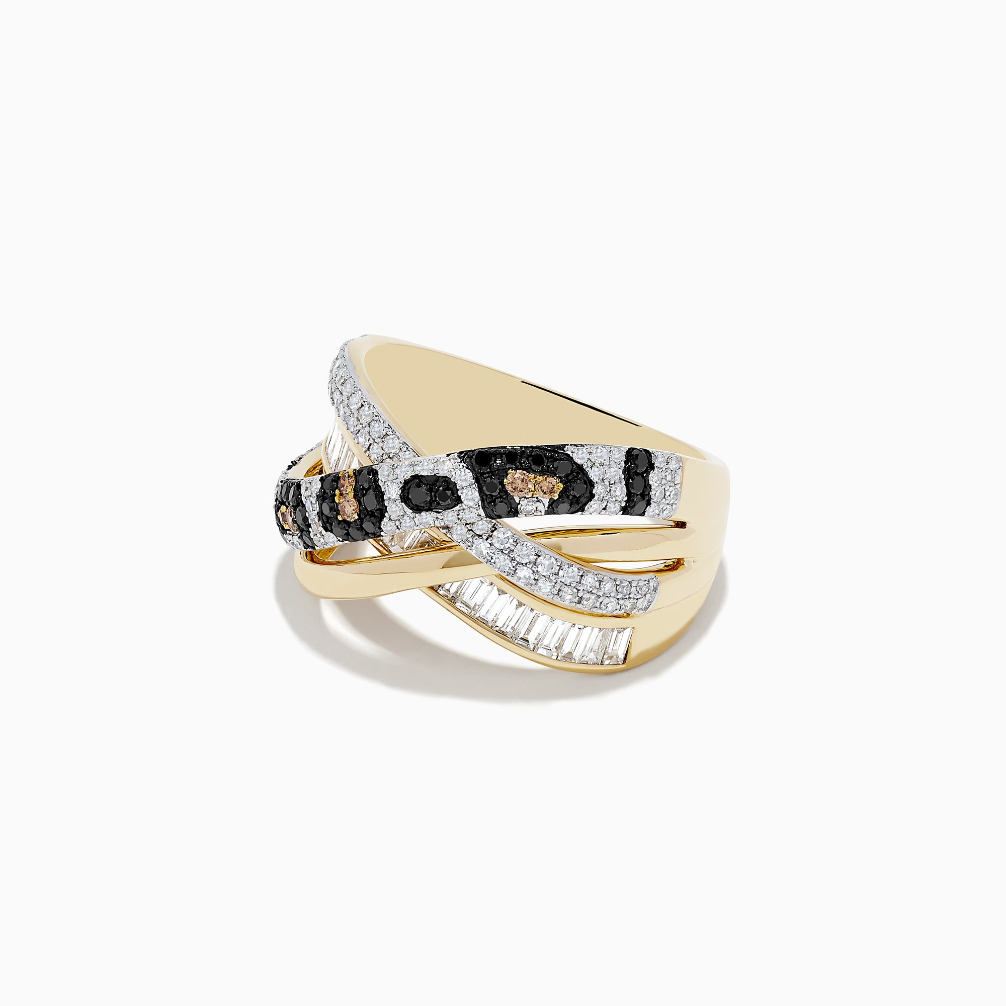 The Signature 14K Yellow Gold Diamond Spot Crossover Ring features yellow gold bands with a leopard print of white, black, and brown diamonds in crossover style, accented by baguette and round-cut stones for added sparkle.