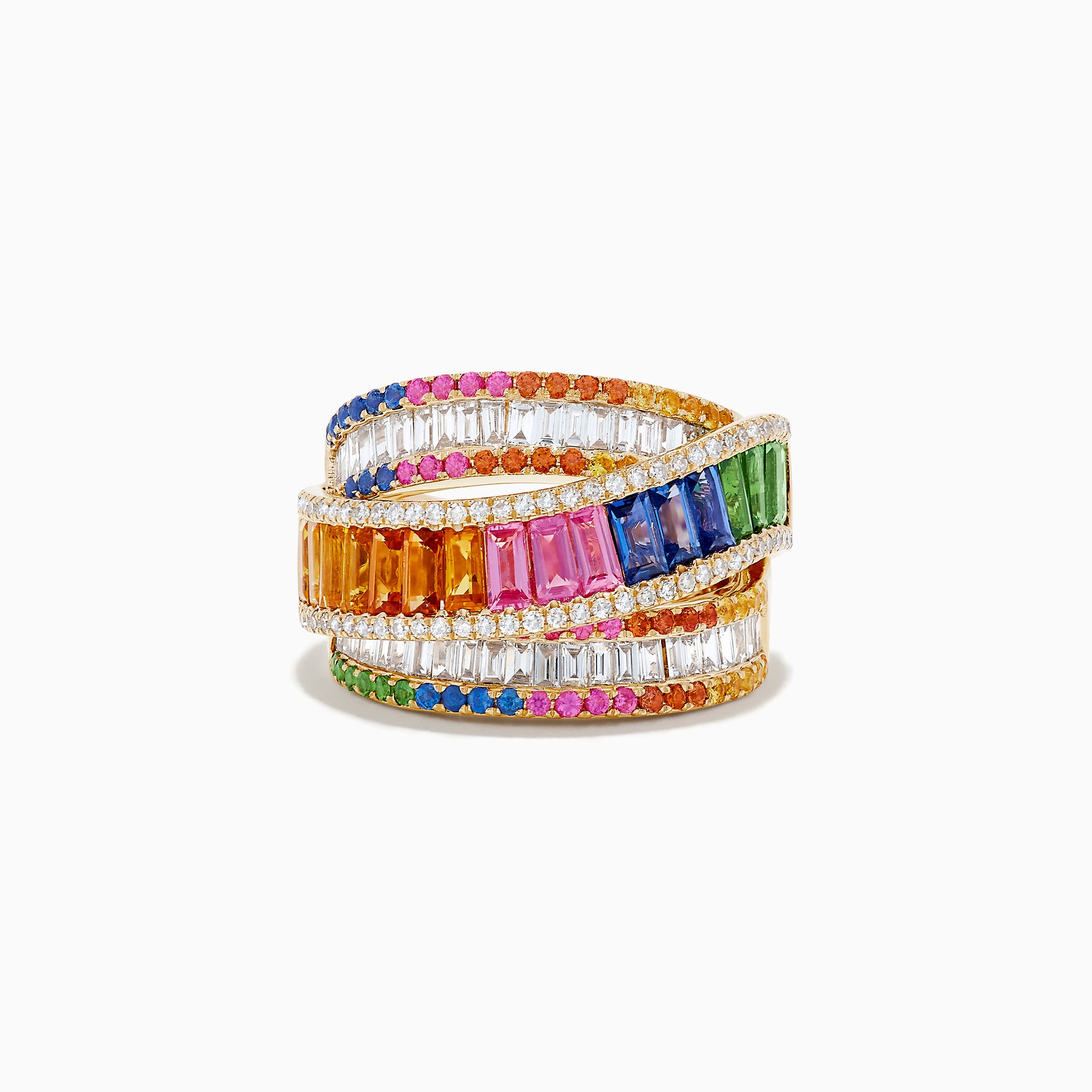 The Watercolors 14K Yellow Gold Multi Sapphire Crossover Ring features interwoven bands set with orange, pink, blue, and green sapphires, accented by sparkling white diamonds for a vibrant and elegant look.