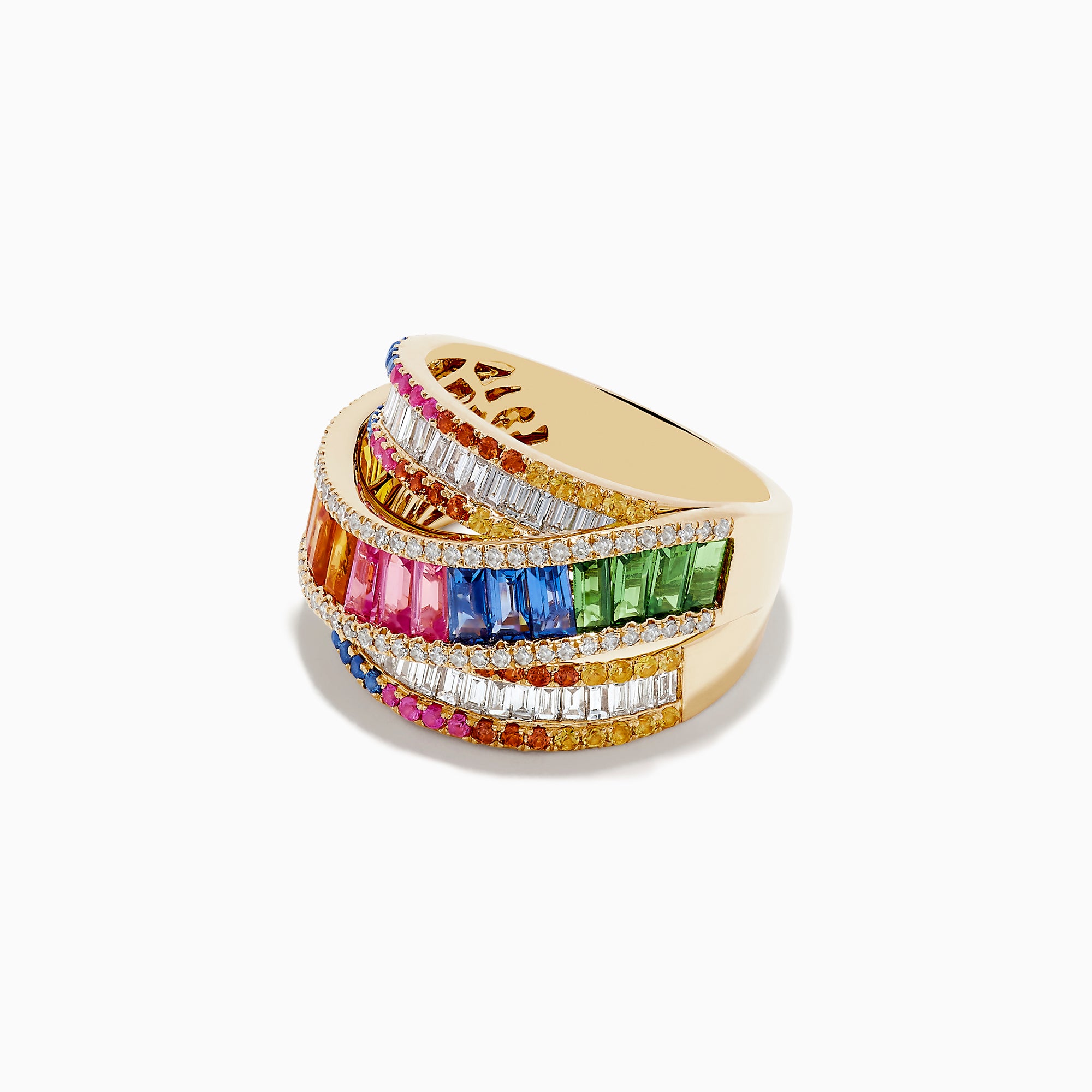 The Watercolors 14K Yellow Gold Multi Sapphire Crossover Ring features interwoven bands set with orange, pink, blue, and green sapphires, accented by sparkling white diamonds for a vibrant and elegant look.