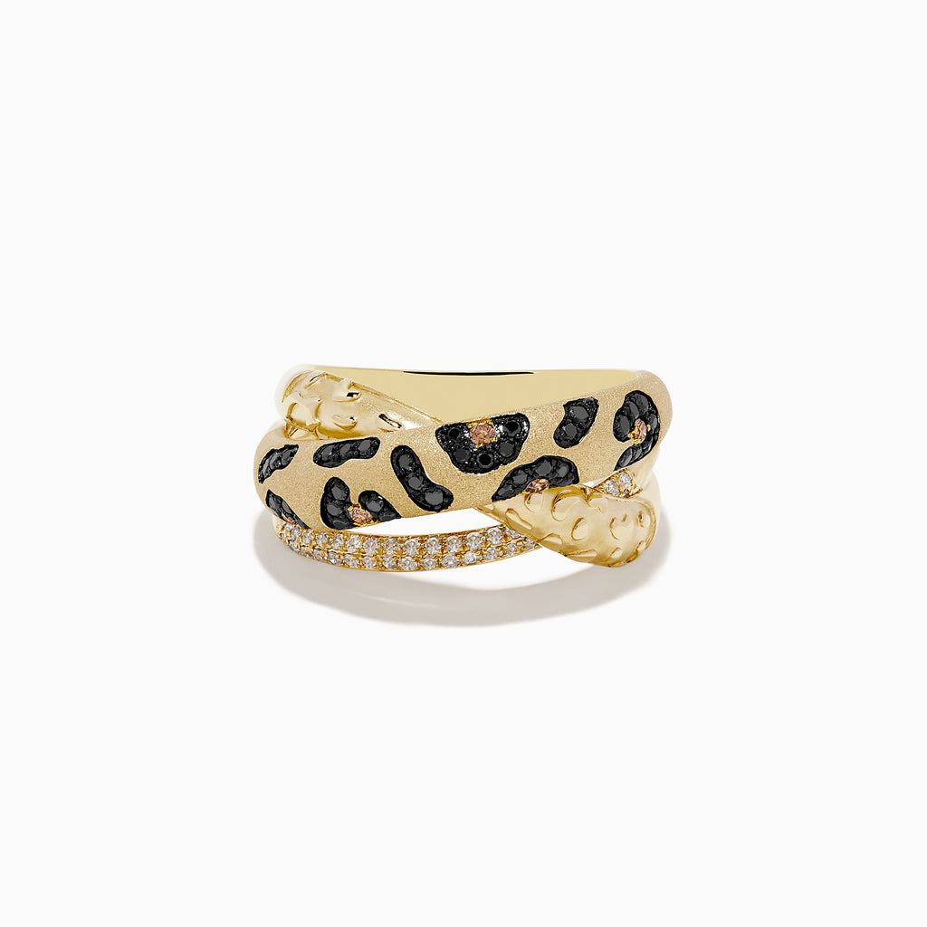 The Signature 14K Yellow Gold Diamond Spot Crossover Ring features a leopard-inspired design with black and brown enamel spots and a band adorned with small white diamonds.