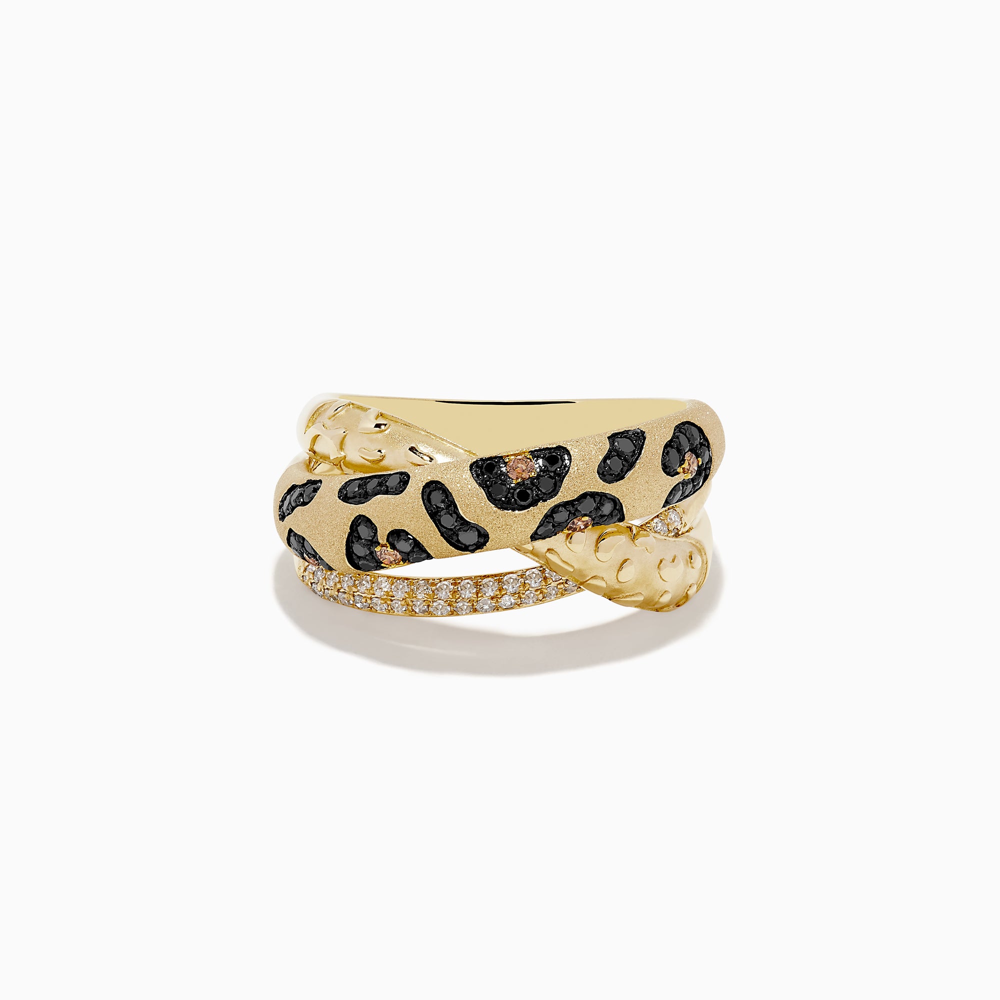 The Signature 14K Yellow Gold Diamond Spot Crossover Ring features a leopard-inspired design with black and brown enamel spots and a band adorned with small white diamonds.