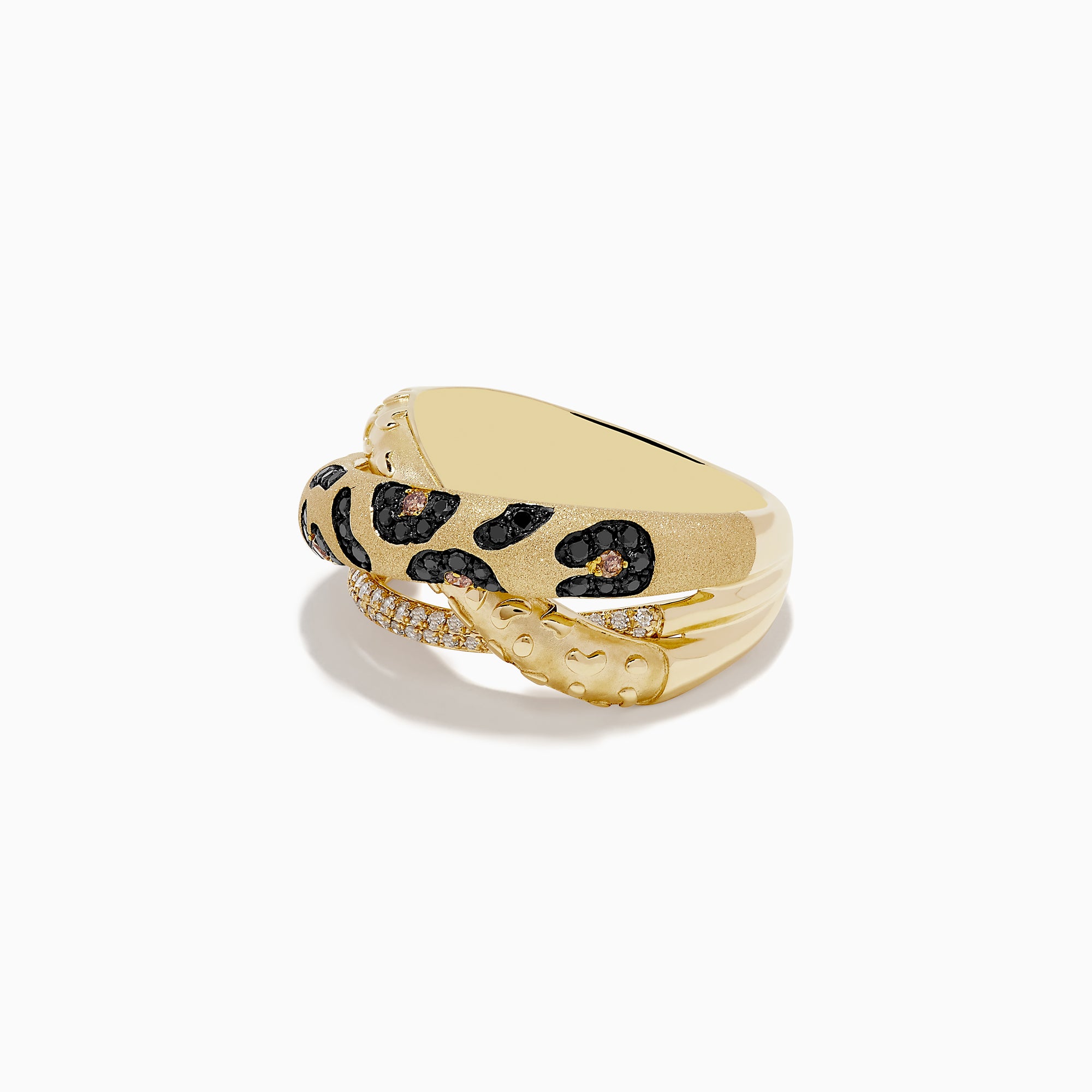 The Signature 14K Yellow Gold Diamond Spot Crossover Ring features a leopard-inspired design with black and brown enamel spots and a band adorned with small white diamonds.