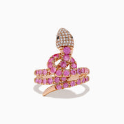 The Safari 14K Rose Gold Multi Diamond and Pink Sapphire Snake Ring features a coiled snake design with pink sapphires on the body and sparkling white diamonds on the head, displayed against a plain white background.