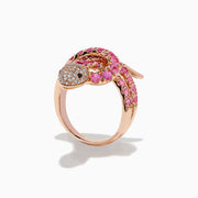The Safari 14K Rose Gold Multi Diamond and Pink Sapphire Snake Ring features a coiled snake design with pink sapphires on the body and sparkling white diamonds on the head, displayed against a plain white background.