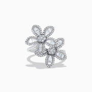 The 14K White Gold Diamond Multi Flower Ring features two overlapping flower designs with petals set with rectangular and round white diamonds, displayed against a plain white background.