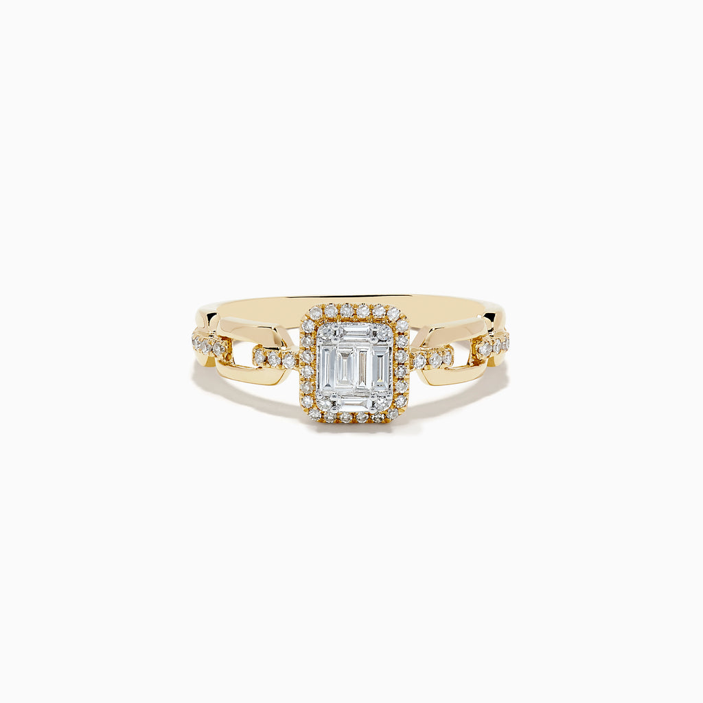 The Doro 14K Yellow Gold Diamond Ring showcases a rectangular baguette-cut center diamond, a halo of round diamonds, and extra small diamonds set along its split band.