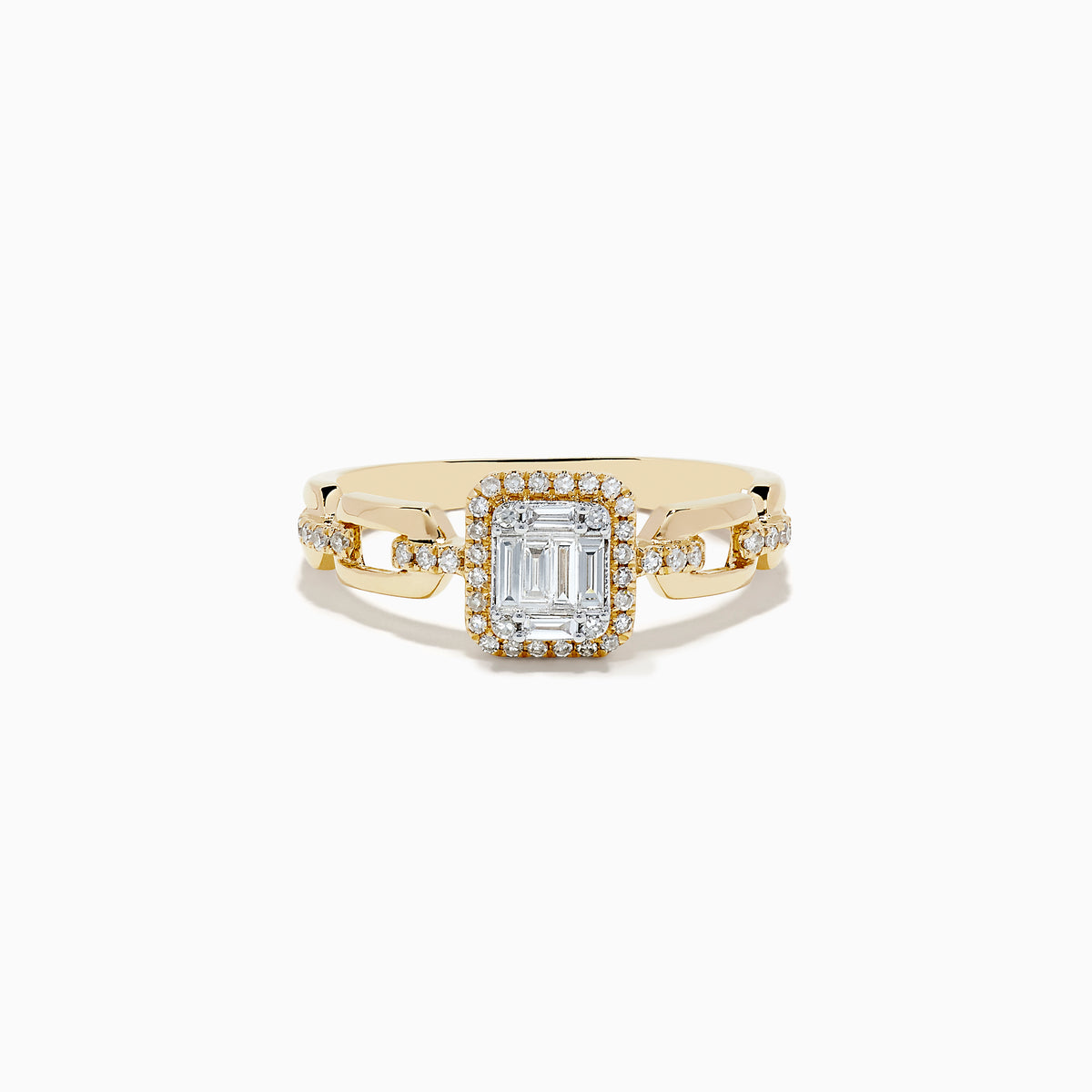 The Doro 14K Yellow Gold Diamond Ring showcases a rectangular baguette-cut center diamond, a halo of round diamonds, and extra small diamonds set along its split band.