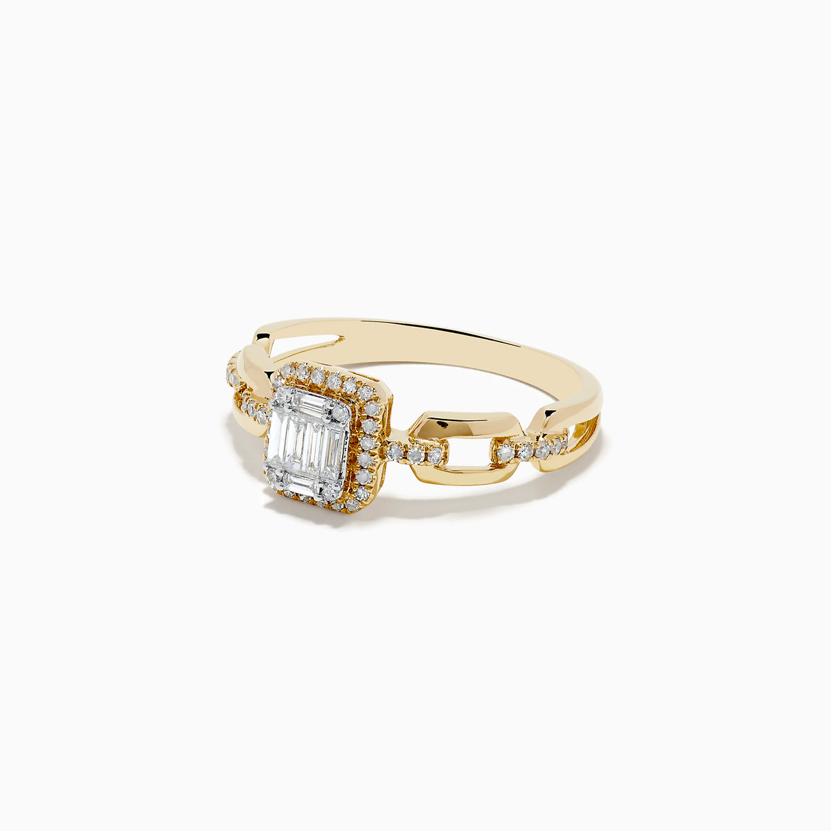 The Doro 14K Yellow Gold Diamond Ring showcases a rectangular baguette-cut center diamond, a halo of round diamonds, and extra small diamonds set along its split band.