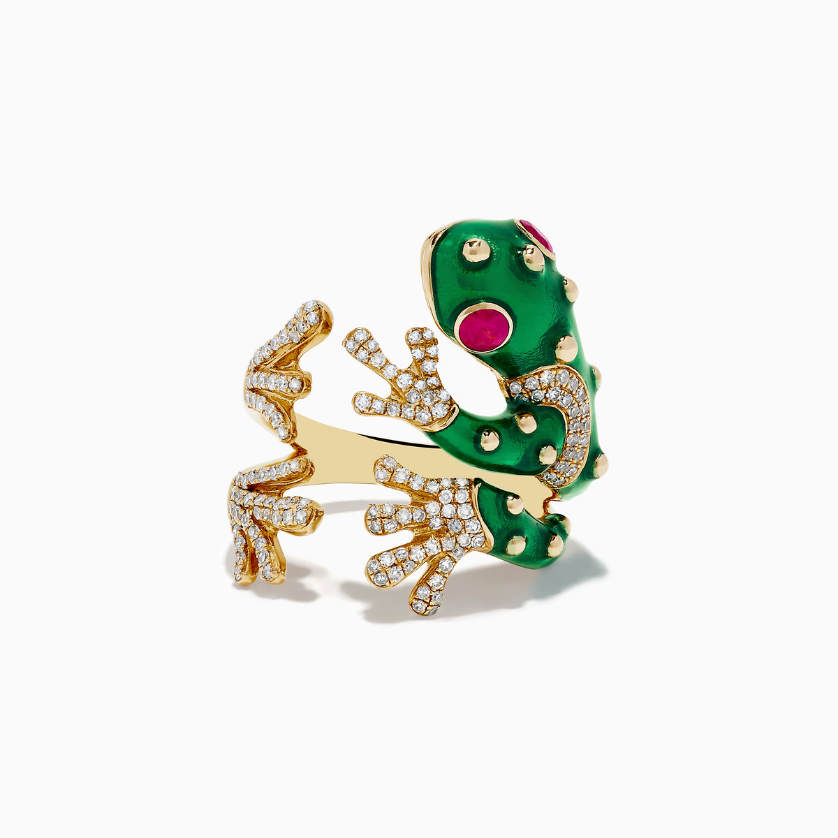 The Safari 14K Yellow Gold Ruby and Diamond Frog Ring features diamond-studded legs, ruby eyes, and a whimsical frog design that wraps around your finger for a unique look.