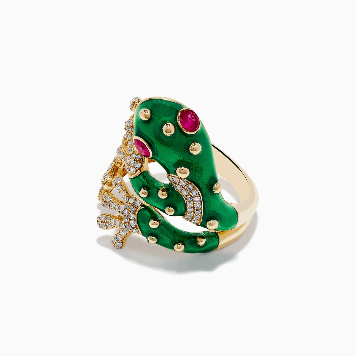 The Safari 14K Yellow Gold Ruby and Diamond Frog Ring features diamond-studded legs, ruby eyes, and a whimsical frog design that wraps around your finger for a unique look.