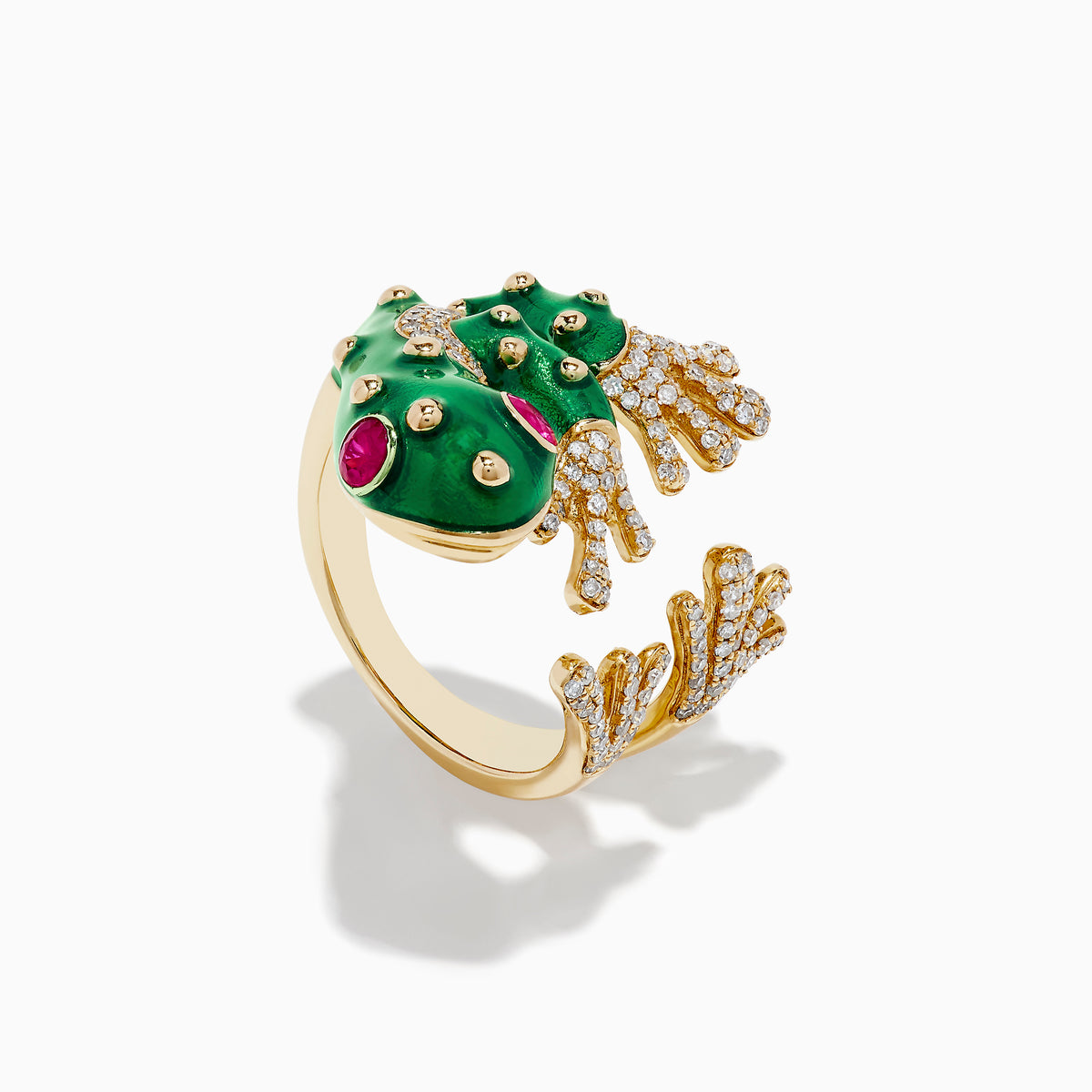 The Safari 14K Yellow Gold Ruby and Diamond Frog Ring features diamond-studded legs, ruby eyes, and a whimsical frog design that wraps around your finger for a unique look.