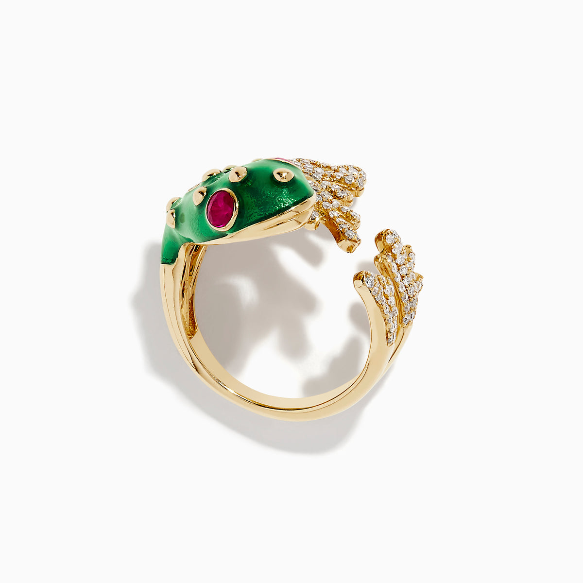 The Safari 14K Yellow Gold Ruby and Diamond Frog Ring features diamond-studded legs, ruby eyes, and a whimsical frog design that wraps around your finger for a unique look.
