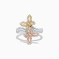 The Trio 14K Three-Tone Gold Diamond Butterfly Bypass Ring features diamond accents, overlapping butterfly shapes, and a curved, diamond-encrusted three-tone gold band on a white background.