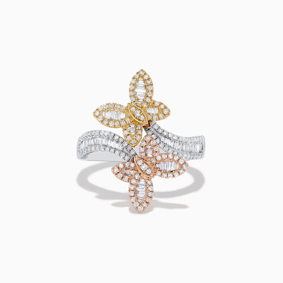 The Trio 14K Three-Tone Gold Diamond Butterfly Bypass Ring features diamond accents, overlapping butterfly shapes, and a curved, diamond-encrusted three-tone gold band on a white background.