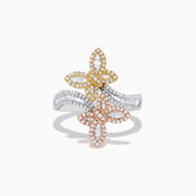 The Trio 14K Three-Tone Gold Diamond Butterfly Bypass Ring features diamond accents, overlapping butterfly shapes, and a curved, diamond-encrusted three-tone gold band on a white background.