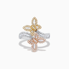 The Trio 14K Three-Tone Gold Diamond Butterfly Bypass Ring features diamond accents, overlapping butterfly shapes, and a curved, diamond-encrusted three-tone gold band on a white background.