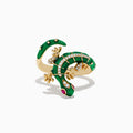 The Safari 14K Yellow Gold Ruby and Diamond Lizard Ring features green enamel, diamond accents, ruby eyes, and detailed body and limbs, shown on a white background.