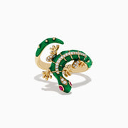 The Safari 14K Yellow Gold Ruby and Diamond Lizard Ring features green enamel, diamond accents, ruby eyes, and detailed body and limbs, shown on a white background.
