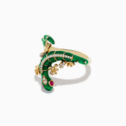 The Safari 14K Yellow Gold Ruby and Diamond Lizard Ring features green enamel, diamond accents, ruby eyes, and detailed body and limbs, shown on a white background.