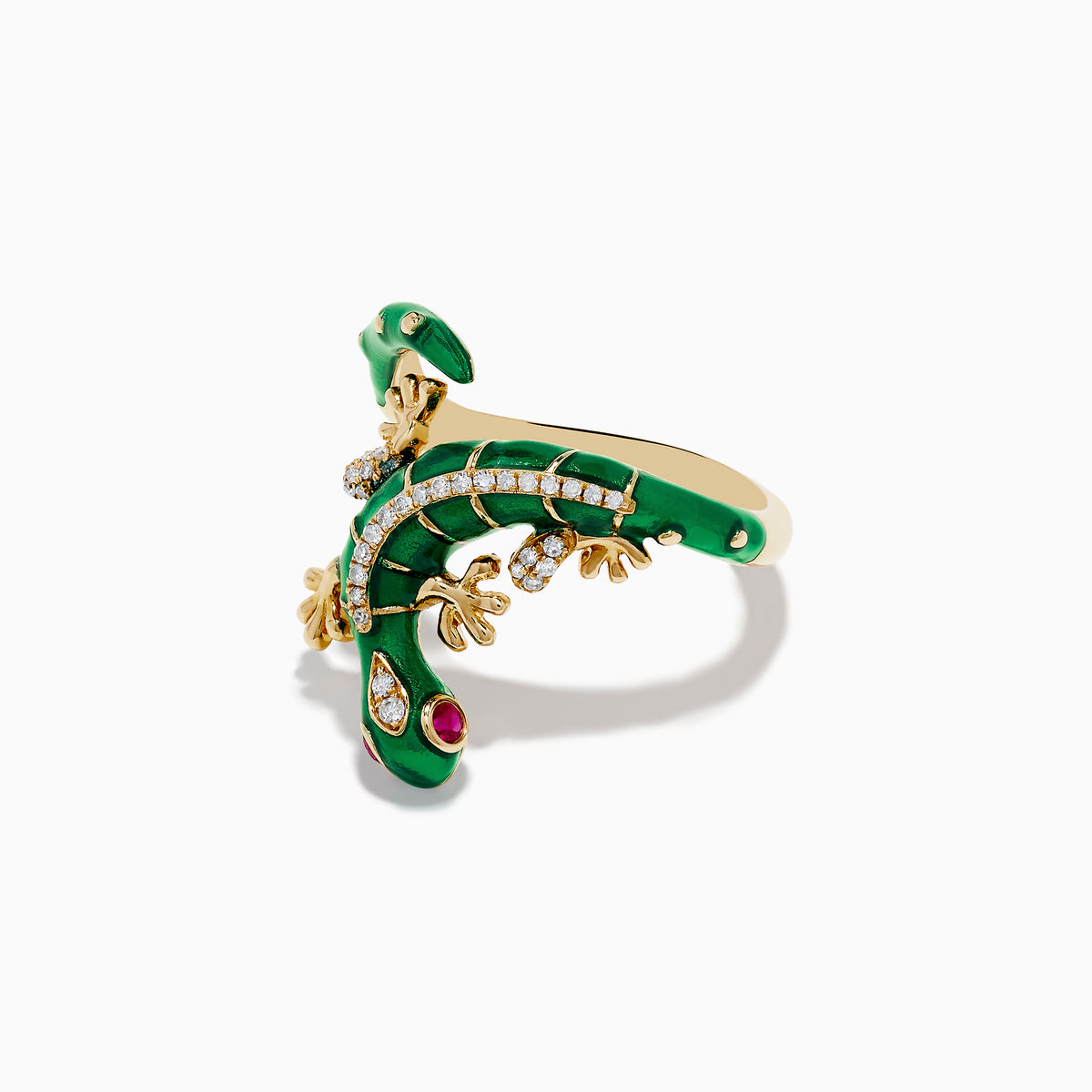 The Safari 14K Yellow Gold Ruby and Diamond Lizard Ring features green enamel, diamond accents, ruby eyes, and detailed body and limbs, shown on a white background.