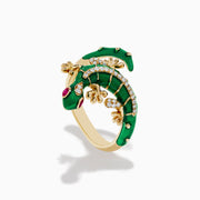 The Safari 14K Yellow Gold Ruby and Diamond Lizard Ring features green enamel, diamond accents, ruby eyes, and detailed body and limbs, shown on a white background.