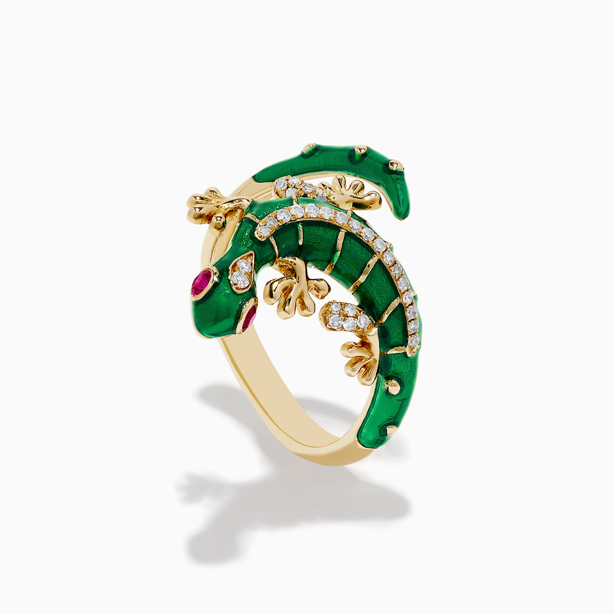 The Safari 14K Yellow Gold Ruby and Diamond Lizard Ring features green enamel, diamond accents, ruby eyes, and detailed body and limbs, shown on a white background.
