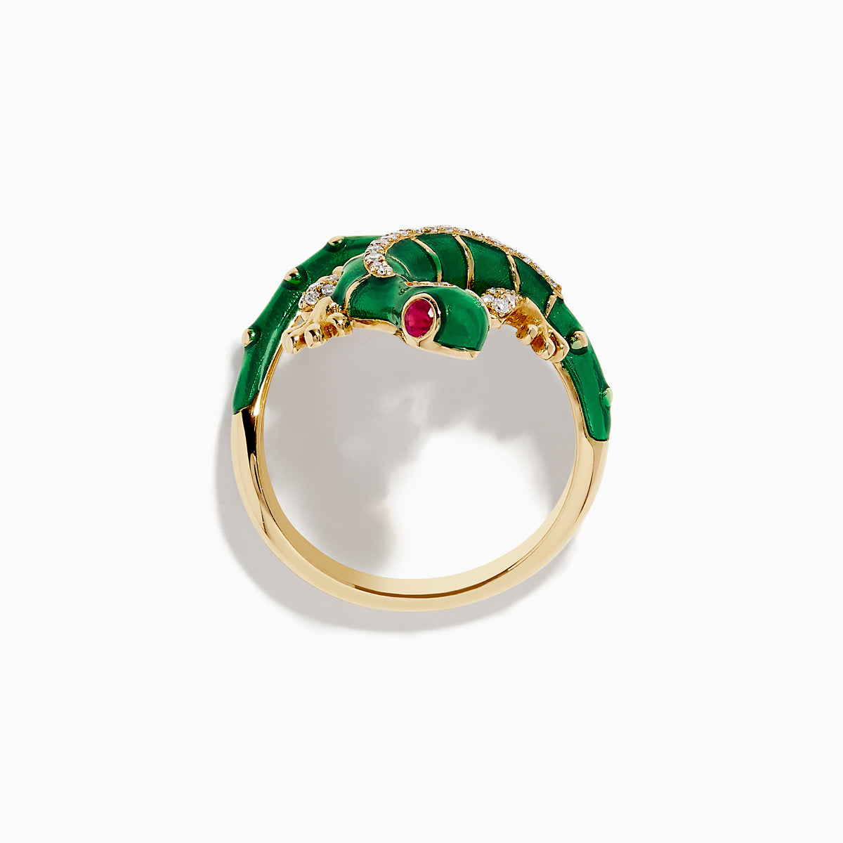 The Safari 14K Yellow Gold Ruby and Diamond Lizard Ring features green enamel, diamond accents, ruby eyes, and detailed body and limbs, shown on a white background.