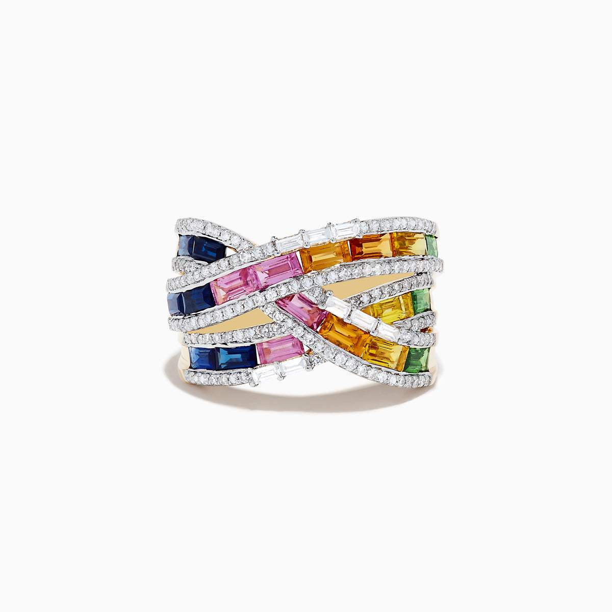 The Watercolors 14K Gold Multi Sapphire and Diamond Crossover Ring showcases crisscrossing bands of vibrant sapphires between rows of sparkling diamonds, all set in elegant gold and displayed on a white background.