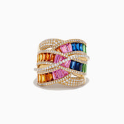 The Watercolors 14K Gold Multi Sapphire & Diamond Crossover Ring showcases rows of rectangular orange, pink, blue, and green sapphires intertwined with diamonds in a striking crossover design.
