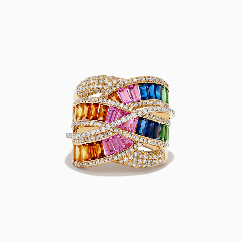 The Watercolors 14K Gold Multi Sapphire & Diamond Crossover Ring showcases rows of rectangular orange, pink, blue, and green sapphires intertwined with diamonds in a striking crossover design.