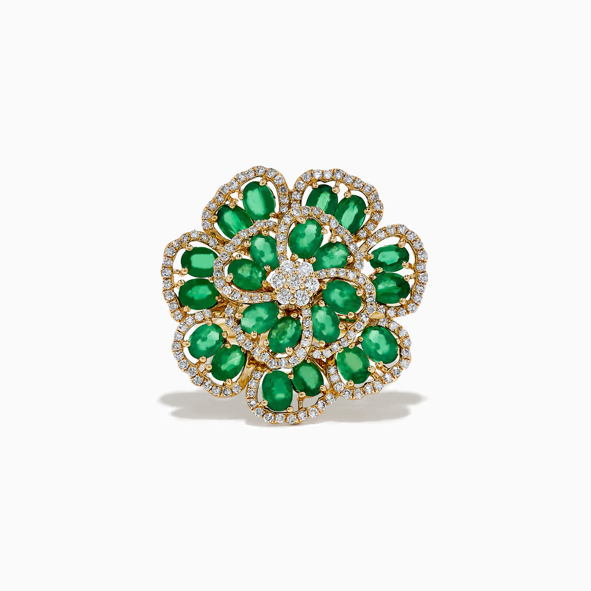 The 14K Yellow Gold Emerald and Diamond Flower Ring features clusters of oval emeralds bordered by small diamonds and a central cluster of white diamonds, all set in yellow gold.