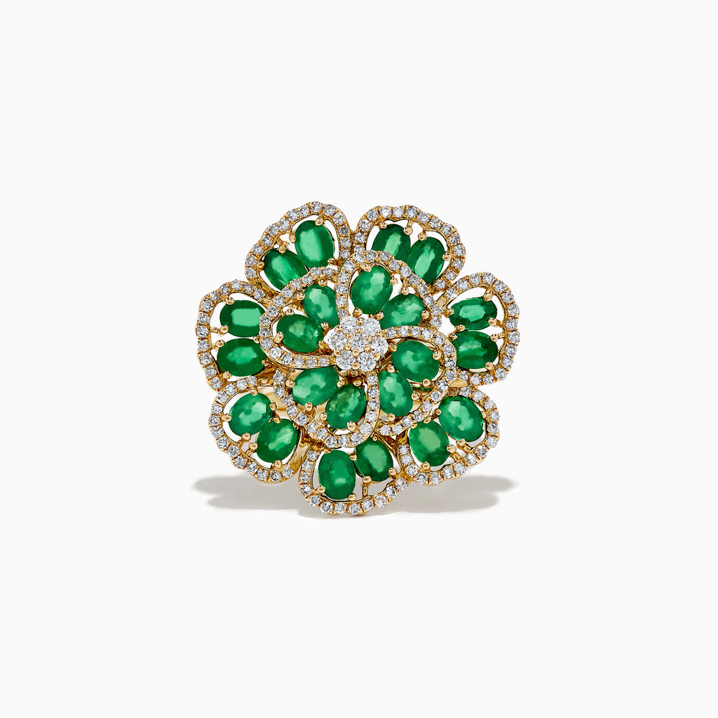 Effy 14K Yellow Gold Emerald and Diamond Flower Ring