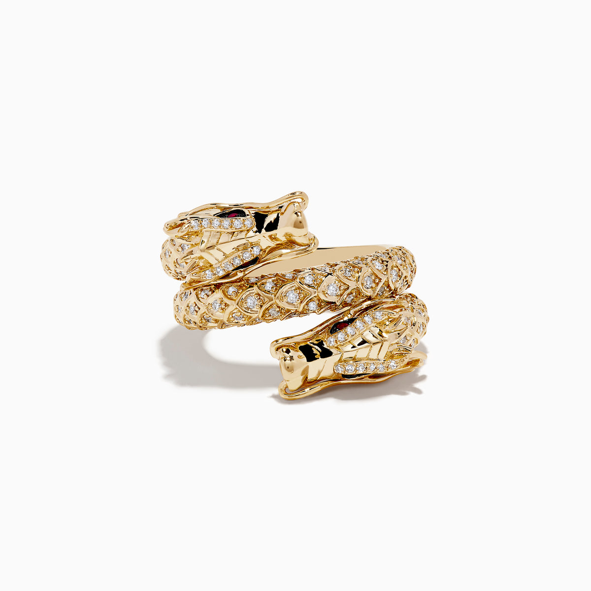 The Safari 14K Yellow Gold Ruby and Diamond Dragon Wrap Ring features a coiled dragon design with diamond accents and ruby-red gemstone eyes, shown on a white background.