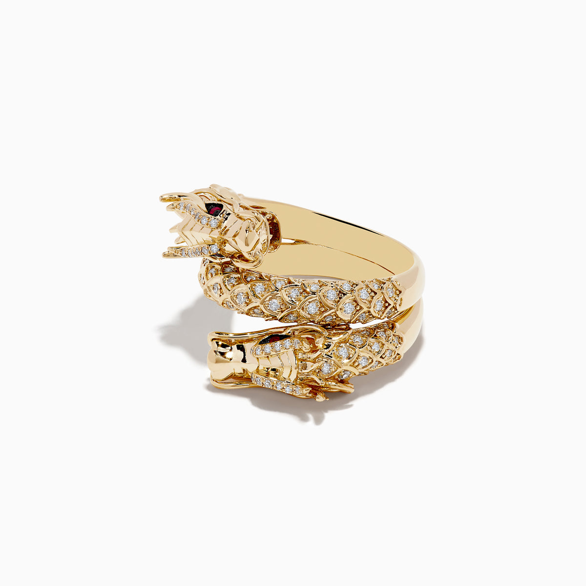 The Safari 14K Yellow Gold Ruby and Diamond Dragon Wrap Ring features a coiled dragon design with diamond accents and ruby-red gemstone eyes, shown on a white background.