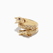 The Safari 14K Yellow Gold Ruby and Diamond Dragon Wrap Ring features a coiled dragon design with diamond accents and ruby-red gemstone eyes, shown on a white background.