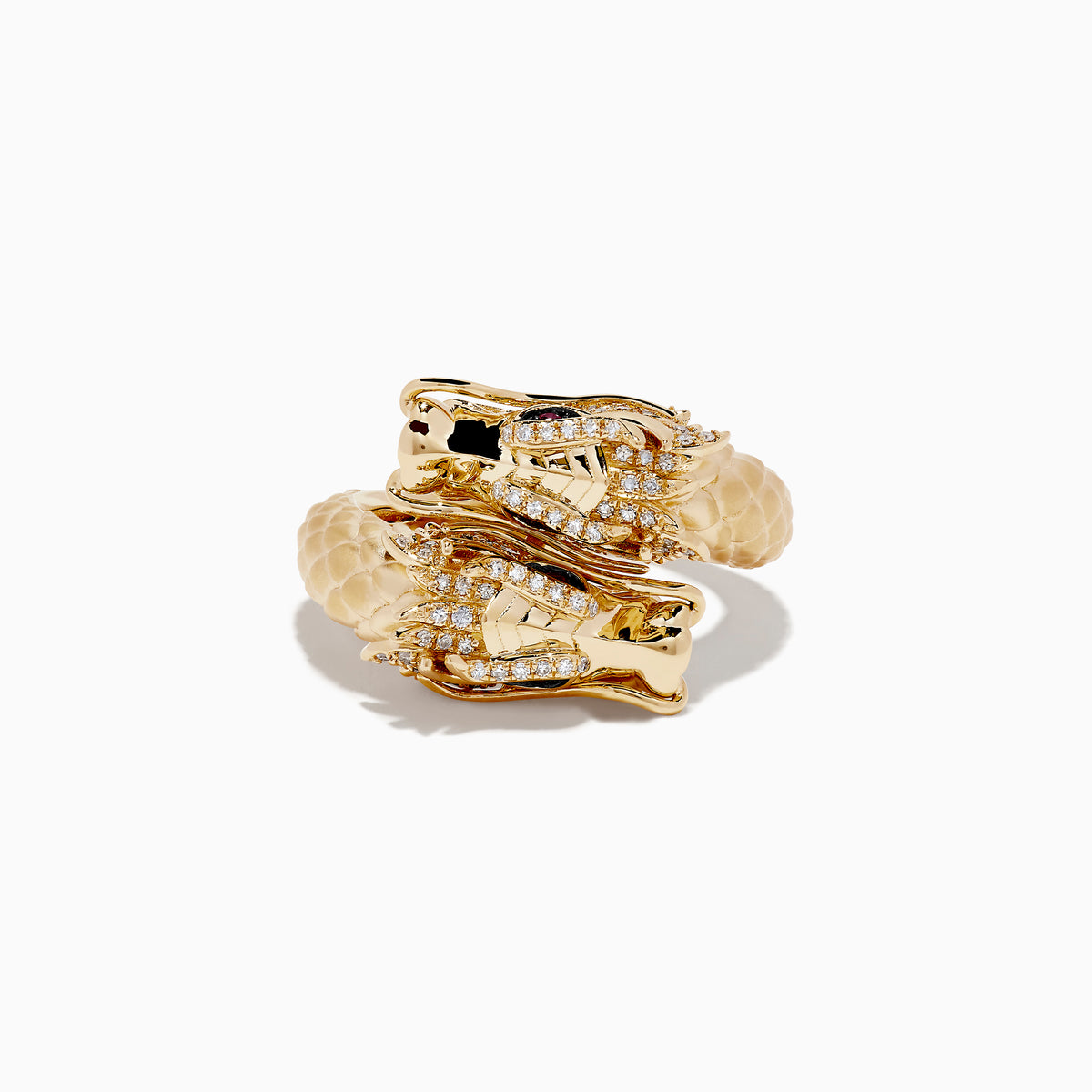 The Safari 14K Yellow Gold Ruby and Diamond Dragon Bypass Ring features a dragon design with a detailed head, ruby eyes, diamond accents, and a textured scale-like band, all set against a white background.