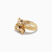 The Safari 14K Yellow Gold Ruby and Diamond Dragon Bypass Ring features a dragon design with a detailed head, ruby eyes, diamond accents, and a textured scale-like band, all set against a white background.