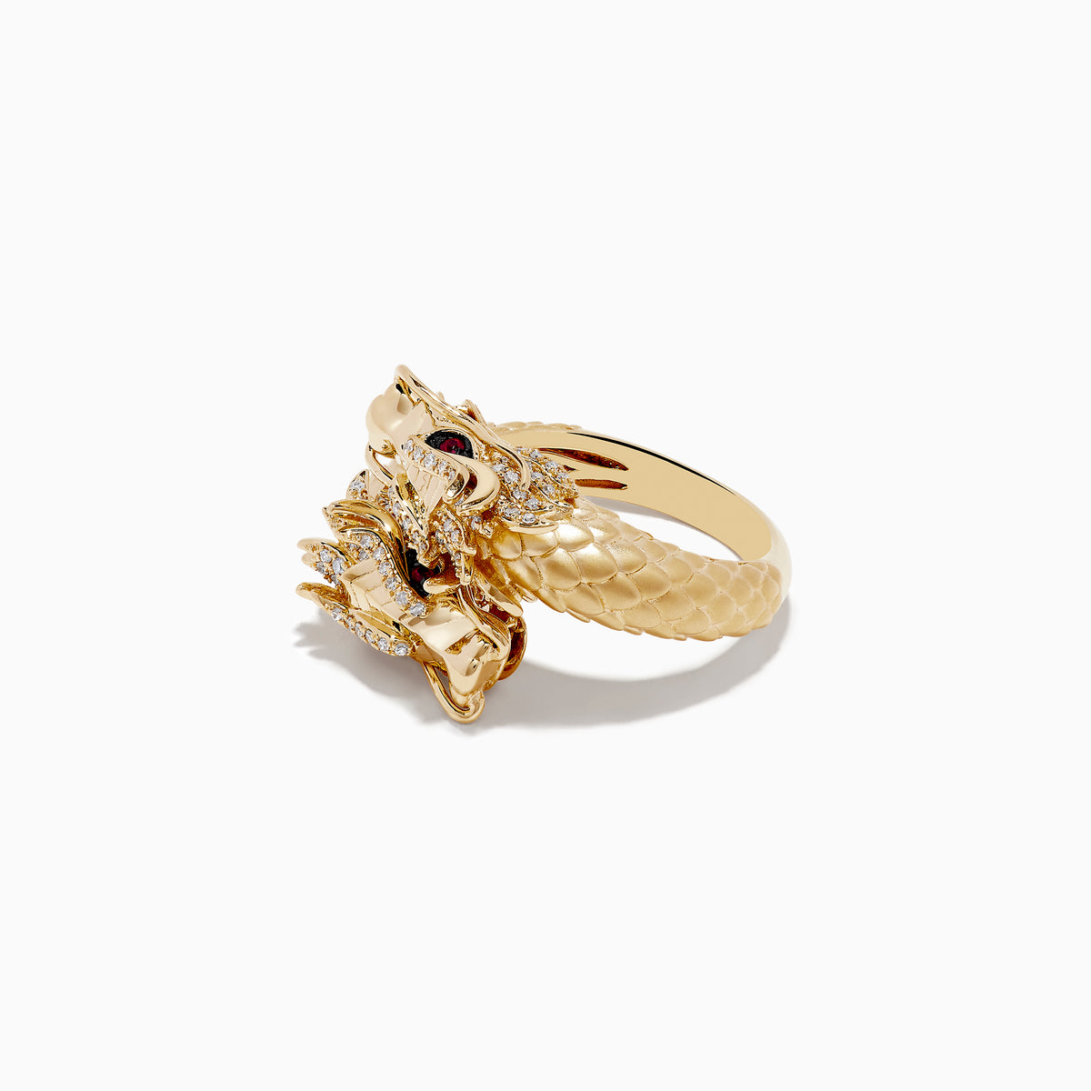 The Safari 14K Yellow Gold Ruby and Diamond Dragon Bypass Ring features a dragon design with a detailed head, ruby eyes, diamond accents, and a textured scale-like band, all set against a white background.